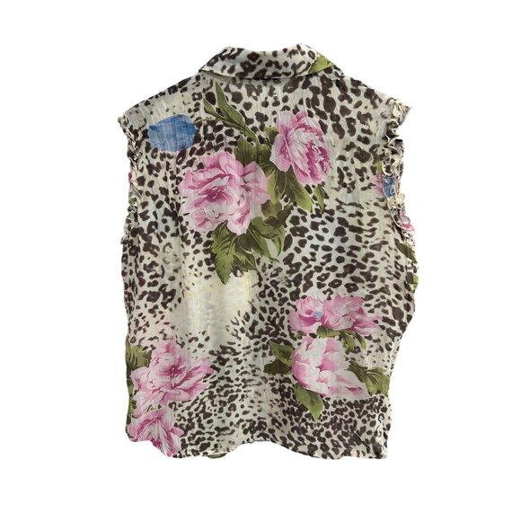 Caviar Leopard Floral Ruffle Button Front Shirt Sz Medium Sleeveless Garden - Picture 2 of 8